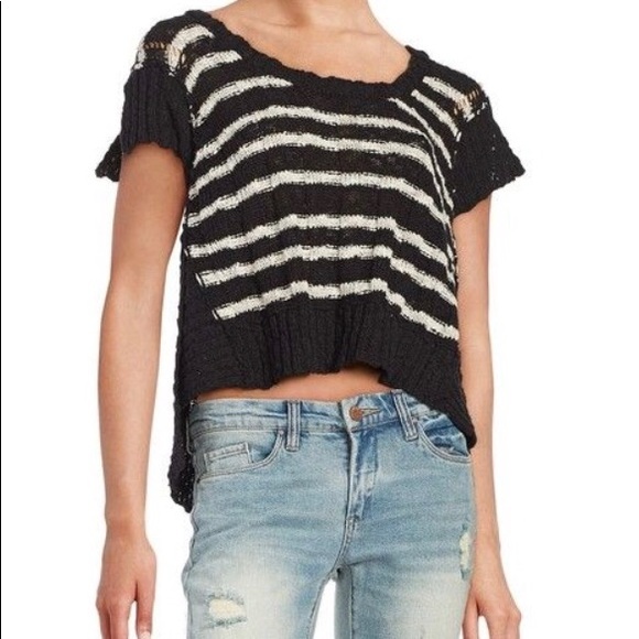 Black and White striped knit short sleeve sweater - Picture 1 of 5